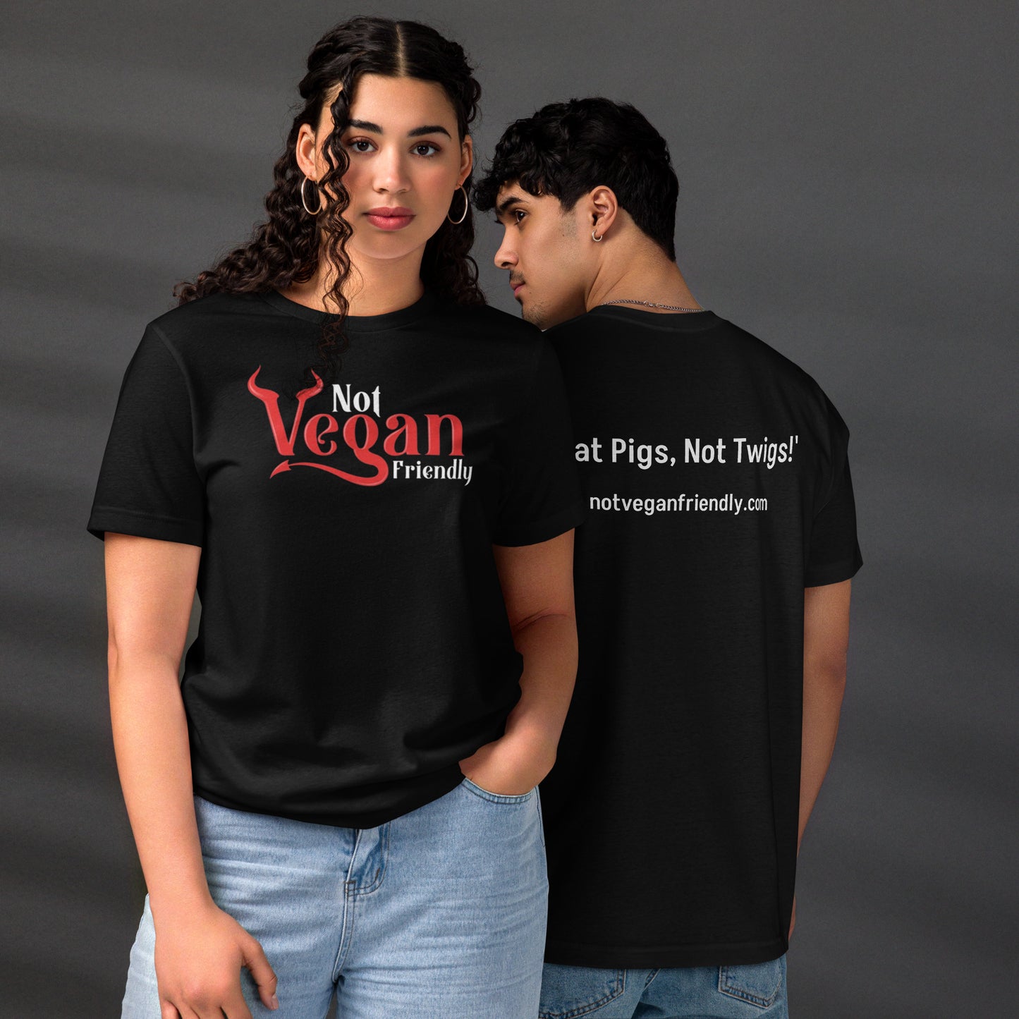 Unisex staple NVF t-shirt 'Eat pigs, Not twigs'